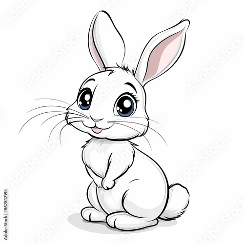 A cute, white bunny rabbit with blue eyes and a big smile is sitting on a white background.