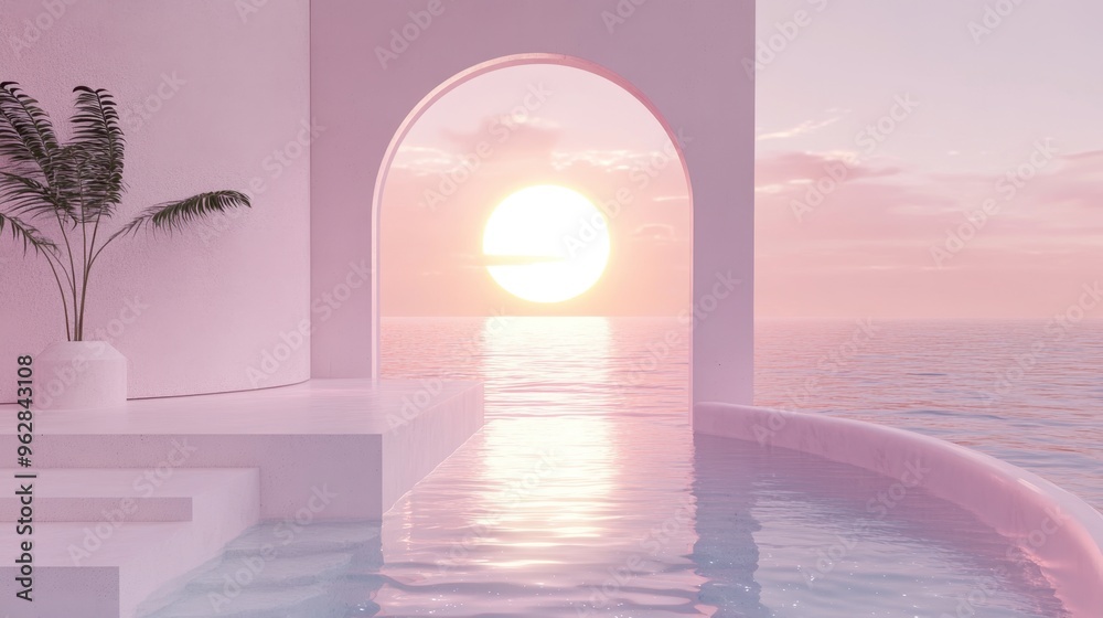 Surreal architecture with arched window,curtain,pink concrete walls, pool with couch,interior design of empty space,Imaginary fictional minimalistic interior with a view of sea,building space. Surreal architecture with arched window,curtain,pink concrete walls, pool with couch,interior design of empty space,Imaginary fictional minimalistic interior with a view of sea,building space.