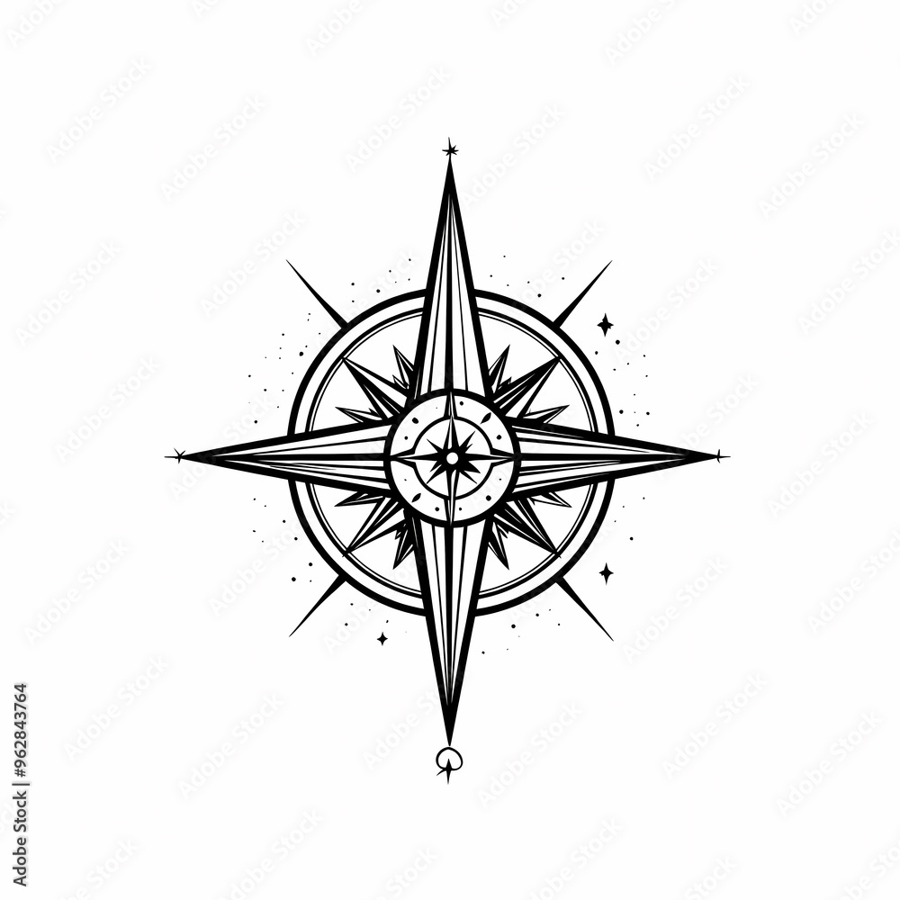 A detailed black and white line drawing of a compass with stars around it. A detailed black and white line drawing of a compass with stars around it.