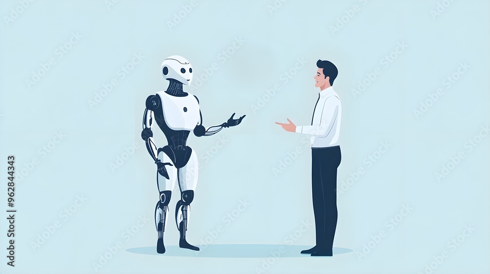 A man and a robot walk and talk. A man and a robot walk and talk.
