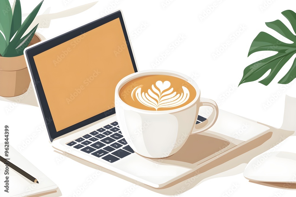 A white coffee cup sits on a saucer next to a laptop computer A white coffee cup sits on a saucer next to a laptop computer