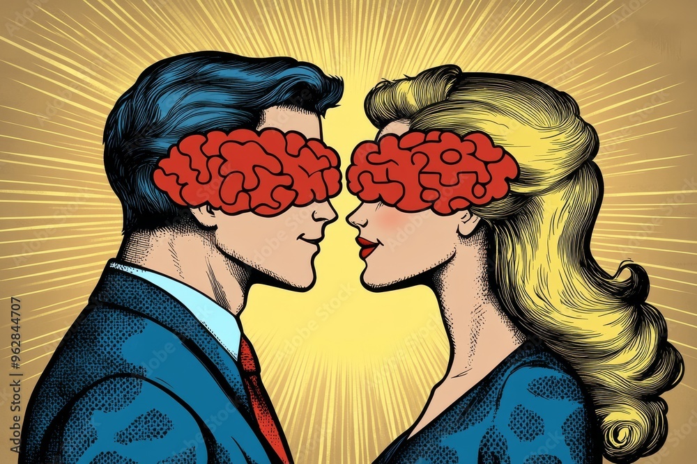 Mind Connection Cartoons Mind machine interface Neural mesh Retro style cartoon of a couple with ...