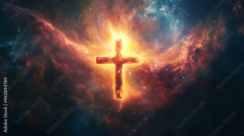 A glowing cross shines brightly against a backdrop of colorful nebulae and stars. A glowing cross shines brightly against a backdrop of colorful nebulae and stars.
