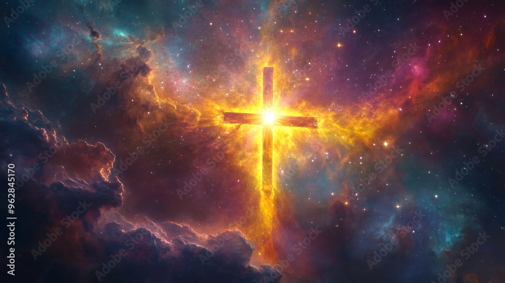 A glowing cross shines brightly against a backdrop of nebulae and stars in space. A glowing cross shines brightly against a backdrop of nebulae and stars in space.