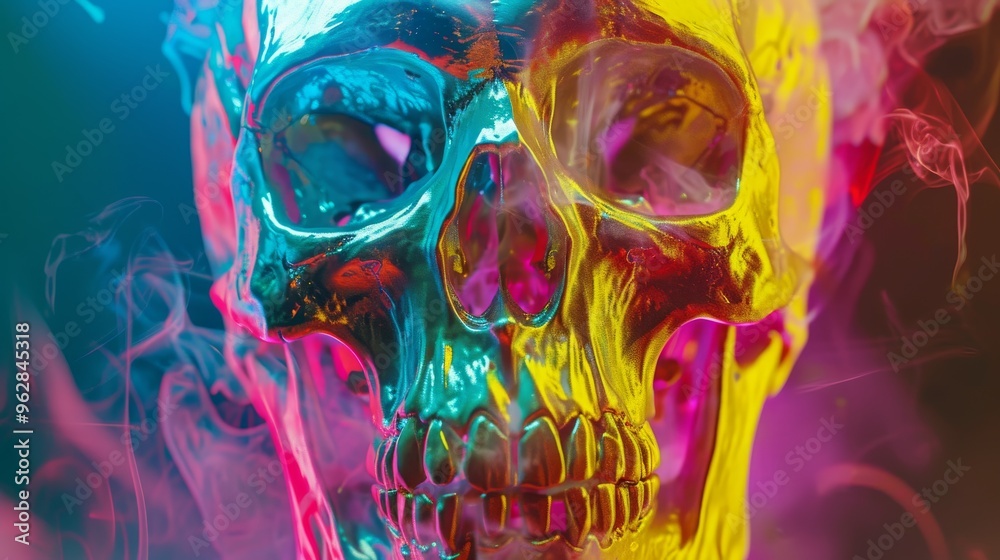 A vibrant skull illuminated by multicolored neon lights, surrounded by swirling smoke. The vivid colors and ethereal ambiance create a striking, surreal image perfect for creative and edgy themes. A vibrant skull illuminated by multicolored neon lights, surrounded by swirling smoke. The vivid colors and ethereal ambiance create a striking, surreal image perfect for creative and edgy themes.