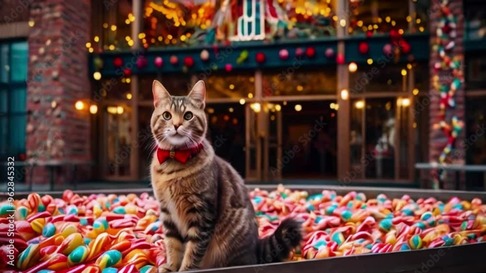 Amused cat sitting on a boat full of colorful chocolates Christmas decoration in the city generative AI Amused cat sitting on a boat full of colorful chocolates Christmas decoration in the city generative AI