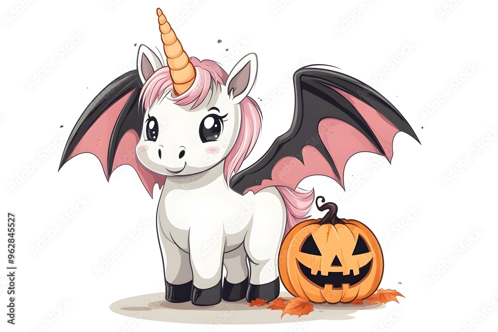 A cute unicorn with a black and pink wing is standing next to a pumpkin A cute unicorn with a black and pink wing is standing next to a pumpkin
