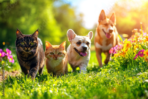 A playful scene featuring a cat, a kitten, and two dogs walking happily through a vibrant flower-filled meadow.