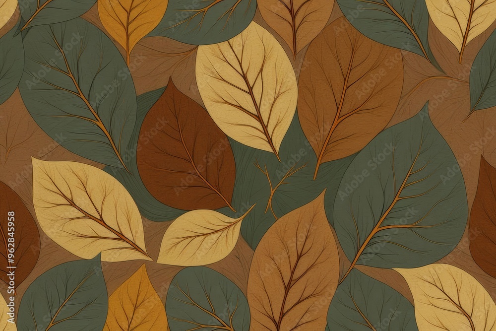 Seamless pattern of autumn leaves in various shades of brown, yellow and green on a dark brown background. Seamless pattern of autumn leaves in various shades of brown, yellow and green on a dark brown background.