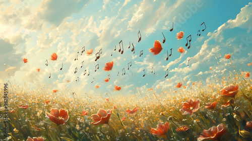 Musical notes drifting like petals on the breeze, carried away across a blooming meadow  photo