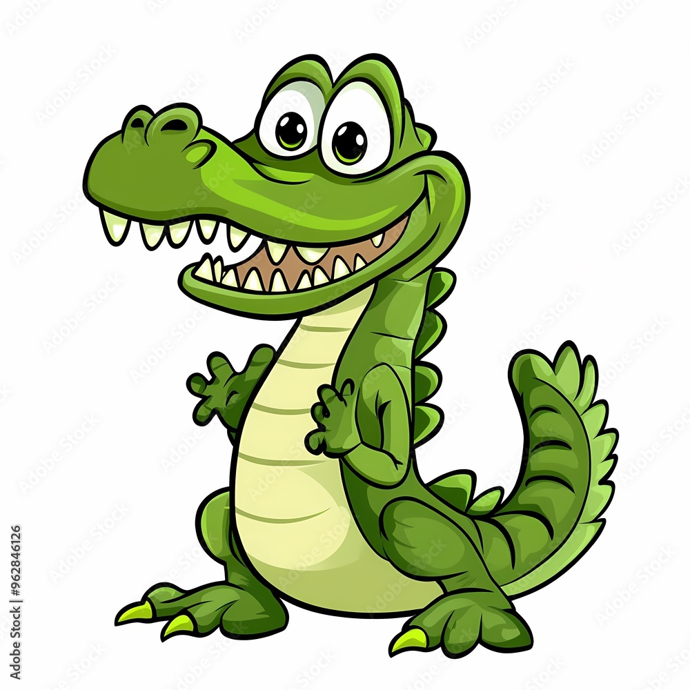 Fototapeta premium A cartoon crocodile with a toothy grin, big eyes, and a green body with yellow accents, standing on a white background.