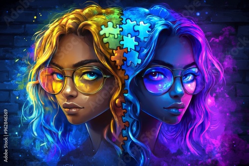 Brain enhancement technology Neuro network Vibrant digital portrait of two women with glowing brains symbolizing the balance of knowledge creativity and intellectual growth photo