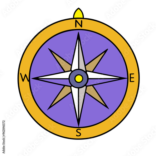 Cartoon compass in purple and yellow colors representing navigation and direction