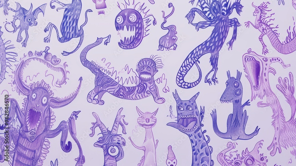 Playful and quirky illustration of various cartoonish monsters in purple tones. Each creature showcases unique features and expressions, creating a fun and imaginative scene ideal for children's books Playful and quirky illustration of various cartoonish monsters in purple tones. Each creature showcases unique features and expressions, creating a fun and imaginative scene ideal for children's books