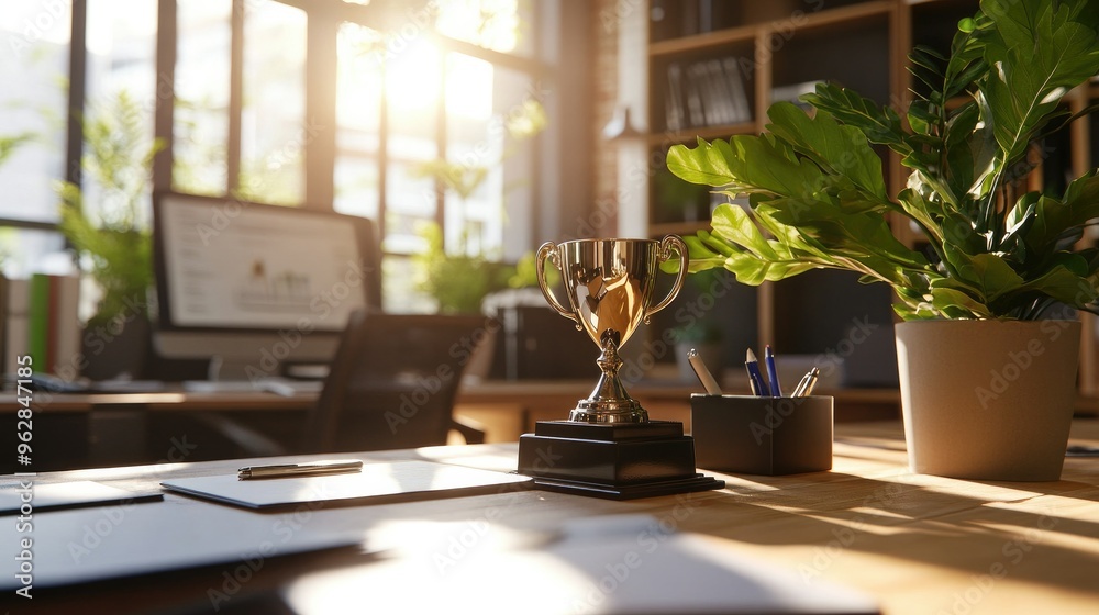 A modern office setting with an award trophy placed prominently on a desk, symbolizing business success and achievement A modern office setting with an award trophy placed prominently on a desk, symbolizing business success and achievement