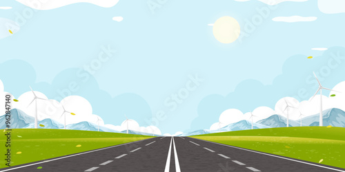 Environmental Background,Spring landscape green field with windmill on mountain,blue sky,cloud with Asphalt highway through countryside,Vector Rural with wind turbines installed as renewable station