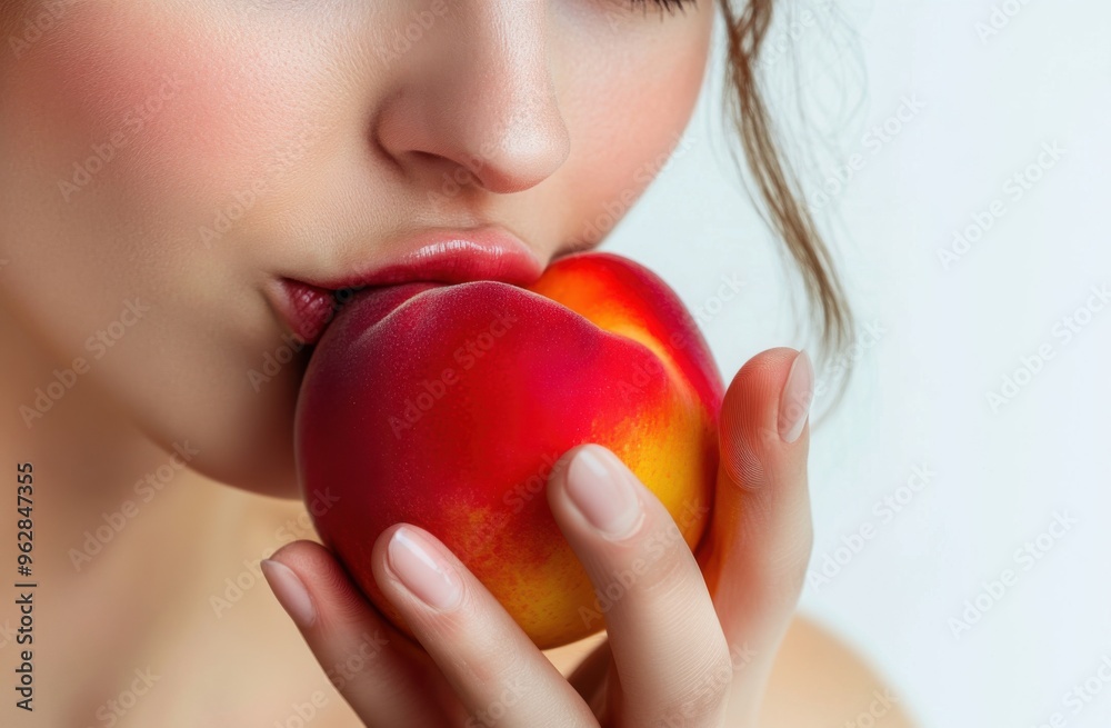 Beautiful woman eating a juicy peach, a close-up of a beautiful young female's lips and hand holding a fresh red apple, isolated on a white background. This image represents the concept of beauty Beautiful woman eating a juicy peach, a close-up of a beautiful young female's lips and hand holding a fresh red apple, isolated on a white background. This image represents the concept of beauty