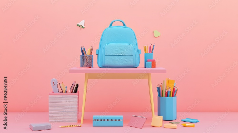 A vibrant 3D illustration of a school desk with a blue backpack and various school supplies, placed on a playful pink backdrop A vibrant 3D illustration of a school desk with a blue backpack and various school supplies, placed on a playful pink backdrop
