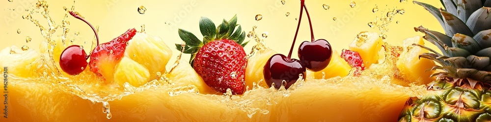 Fototapeta Fresh fruit drink splashes together - splashes of coconut, vanilla, pineapple, cherry, strawberry, 