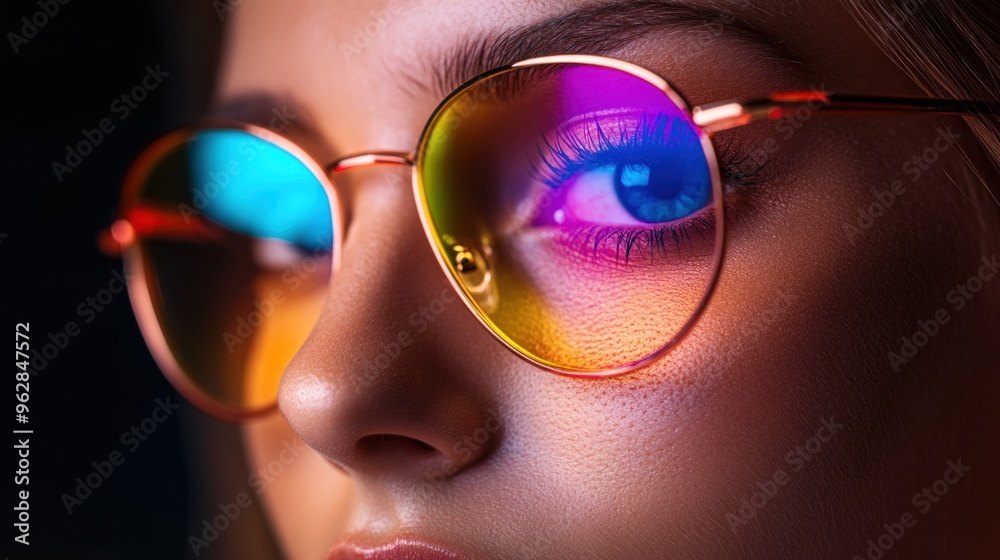 A person gazes intently while wearing stylish round sunglasses that reflect bright pink and blue hues, highlighting their captivating eye details and confident demeanor A person gazes intently while wearing stylish round sunglasses that reflect bright pink and blue hues, highlighting their captivating eye details and confident demeanor