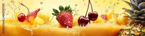 Obraz Fresh fruit drink splashes together - splashes of coconut, vanilla, pineapple, cherry, strawberry, 