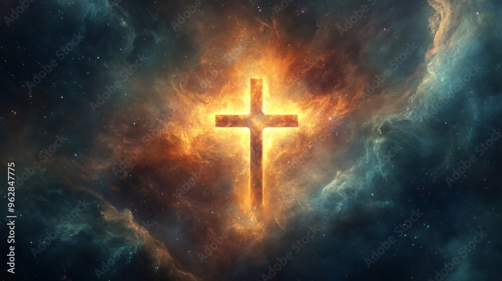 Fototapeta premium A glowing cross shines brightly in a dark nebula filled with stardust and distant galaxies.