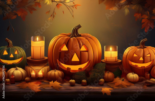 Halloween day with pumpkin and candles illustration.