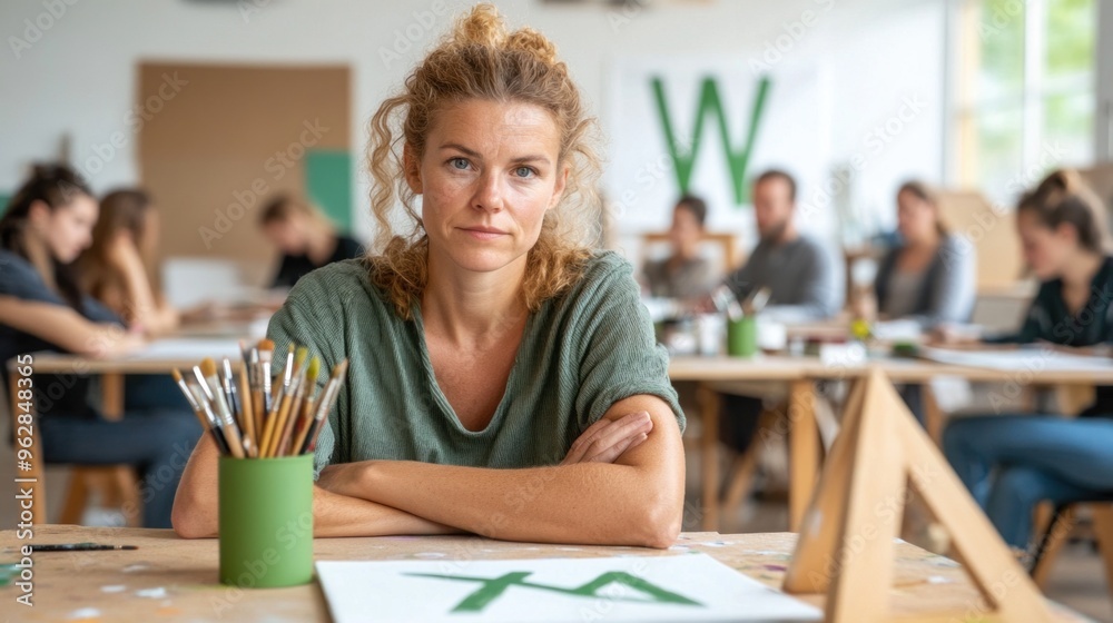 A woman sits at a table with art supplies, looking directly at the viewer. Behind her, other students work on their projects in a bright, airy classroom filled with natural light A woman sits at a table with art supplies, looking directly at the viewer. Behind her, other students work on their projects in a bright, airy classroom filled with natural light