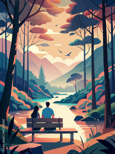 Serene Nature Escape: Couple Enjoying Sunset by the Lake
