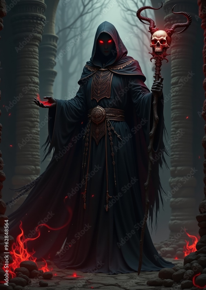 A cloaked figure with glowing red eyes raises a staff topped with a skull, standing in a dim, fog-laden forest. The atmosphere is filled with ominous red flames and shadows A cloaked figure with glowing red eyes raises a staff topped with a skull, standing in a dim, fog-laden forest. The atmosphere is filled with ominous red flames and shadows