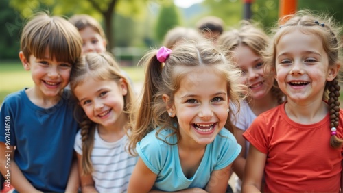 A group of cheerful children share laughter in a vibrant park, enjoying their time together on a warm summer afternoon, surrounded by lush greenery and bright sunlight