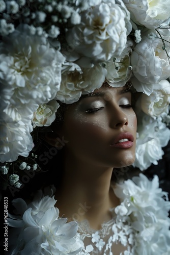 Stunning woman wears white flower crown with dark background. Elegant parfume concept beauty, mystery. Center composition emphasizes grandeur of flowers. Artistic femininity, fertility, tenderness.