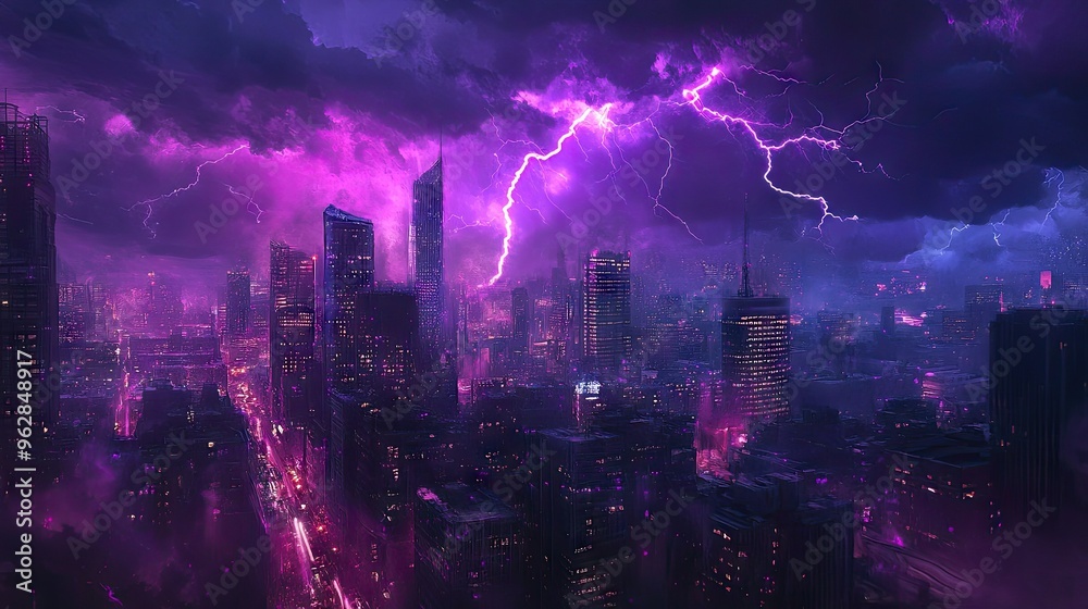 A stormy night with purple lightning bolts illuminating the cityscape, creating a dynamic and electrifying scene as the lightning highlights the buildings and streets. A stormy night with purple lightning bolts illuminating the cityscape, creating a dynamic and electrifying scene as the lightning highlights the buildings and streets.