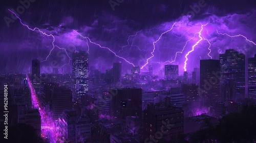 A stormy night with purple lightning bolts illuminating the cityscape, creating a dynamic and electrifying scene as the lightning highlights the buildings and streets. photo