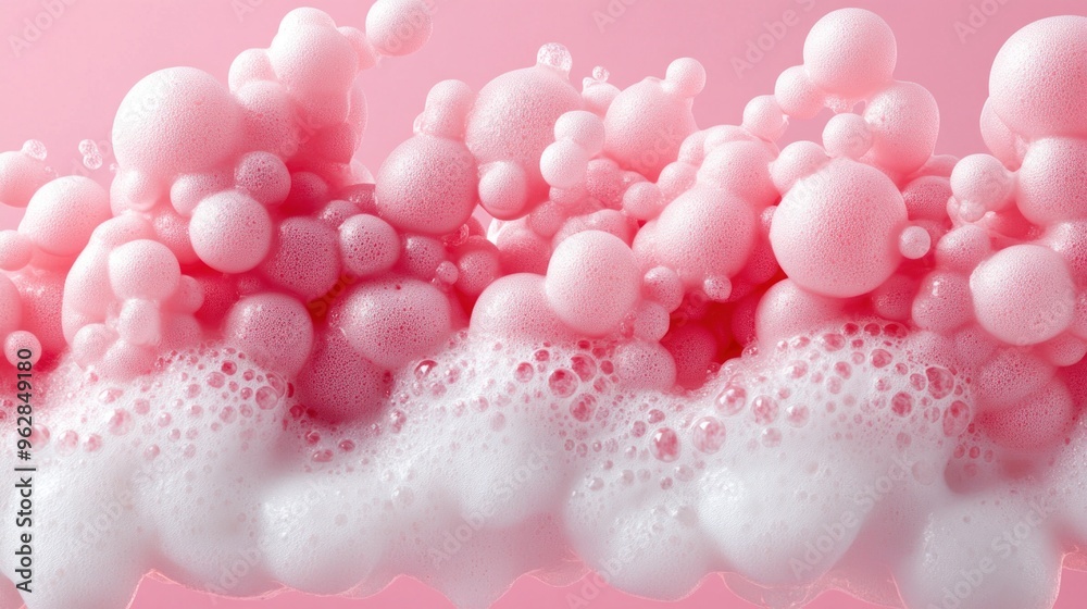 The soft, pink bubbles form an inviting and textured background, suggesting a sense of freshness and cleanliness, perfect for cosmetic or cleaning products