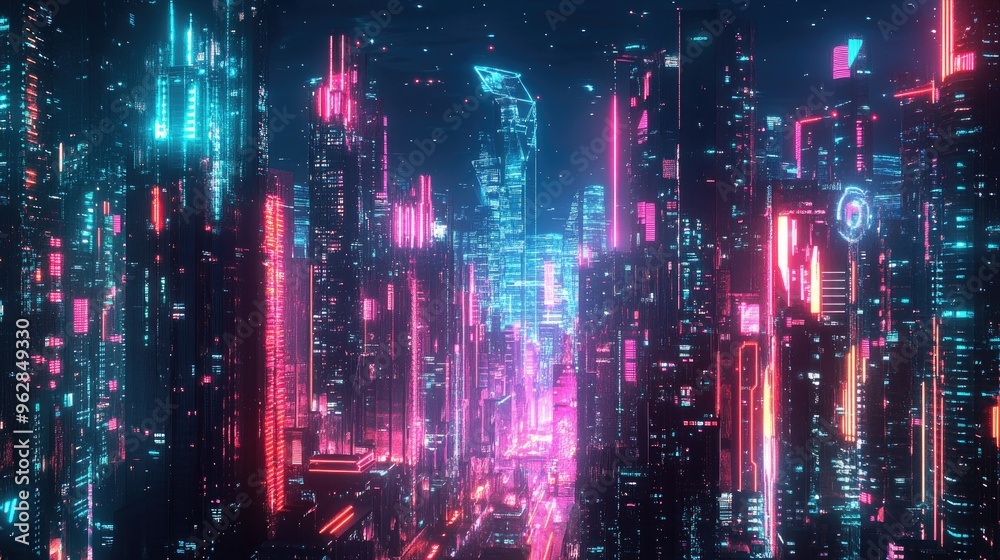 Abstract cityscape with neon-lit architecture and futuristic digital effects, offering a panoramic view of high-tech urban design and technology. Abstract cityscape with neon-lit architecture and futuristic digital effects, offering a panoramic view of high-tech urban design and technology.