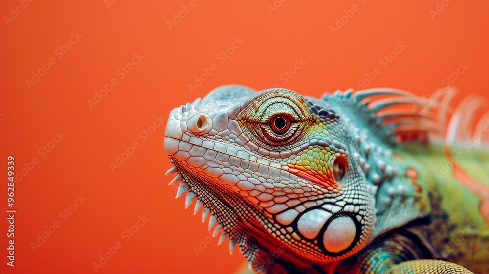 Fototapeta premium Detailed close-up of an iguana against a vibrant orange background. The intricate patterns and vivid colors of the iguana's scales are captured with clarity, highlighting its exotic beauty and unique