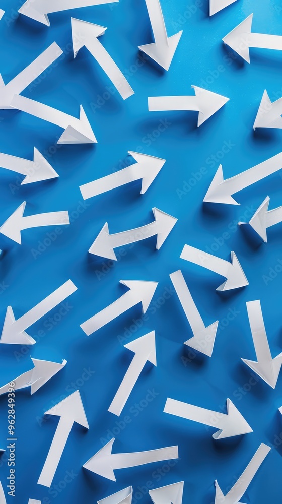 Multiple white arrows pointing in various directions on a blue background. Concept of choice, decisions, paths, and directions in life. Multiple white arrows pointing in various directions on a blue background. Concept of choice, decisions, paths, and directions in life.