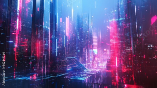 Wallpaper Mural Abstract cityscape with neon-lit architecture and futuristic digital effects, offering a panoramic view of high-tech urban design and technology. Torontodigital.ca