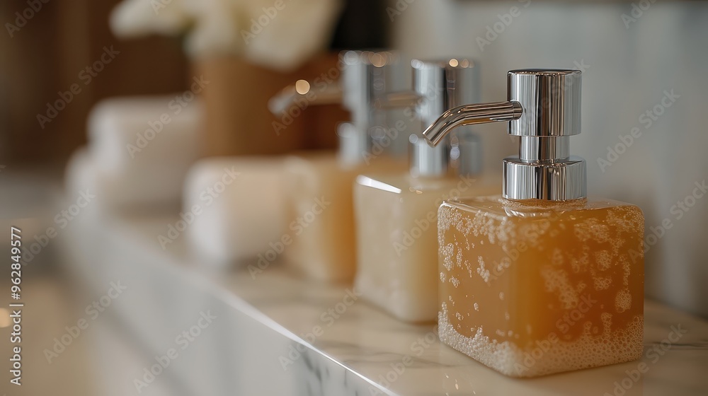Close up of Refillable Soap Dispensers in an Eco Friendly Bathroom Setting Close up of Refillable Soap Dispensers in an Eco Friendly Bathroom Setting