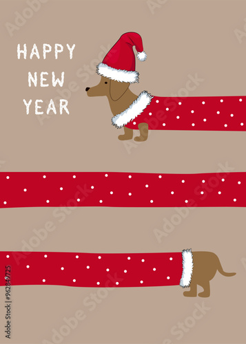 New Year greeting card with dachshund dog Holiday vector illustration