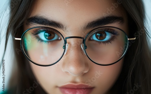 Close-up of a person wearing glasses on white background