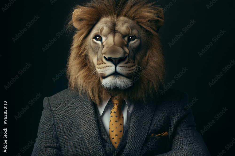 lion wearing a suit and tie is the main focus of the image. The lion's face is shown in detail, with a tie around its neck and a tie clip on its chest. Concept of sophistication and elegance