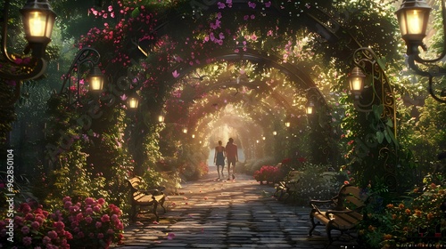 Romantic Stroll Through a Flower Archway Garden