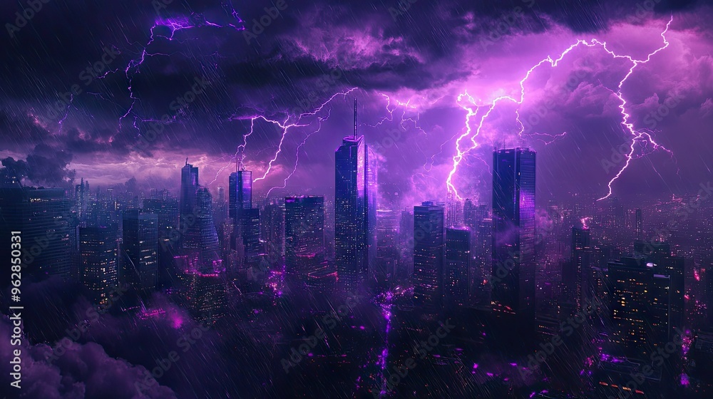 Fototapeta premium Cityscape in the midst of a thunderstorm with purple lightning, with bolts of lightning creating a striking visual effect against the dark sky and urban backdrop