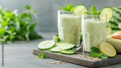 A refreshing honeydew melon smoothie with cucumber and lime.