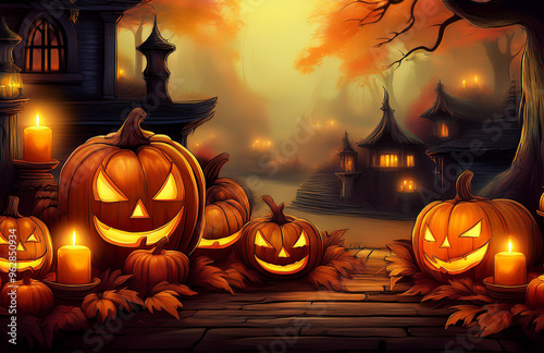 Halloween day with pumpkin and candles illustration.