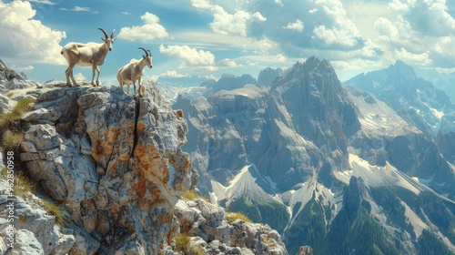 Majestic Mountain Landscape with Mountain Goats on a Cliff