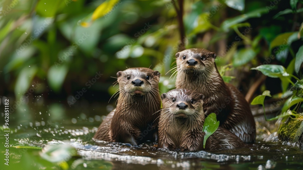 Obraz premium Three Otters in a River: A Family Portrait