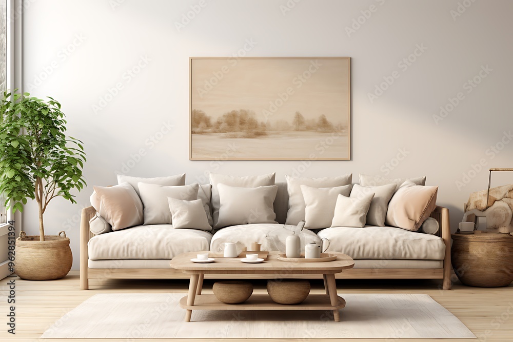 Interior of modern living room with wooden floor, comfortable white sofa and coffee table. 3d render Interior of modern living room with wooden floor, comfortable white sofa and coffee table. 3d render